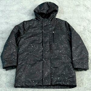 Old Navy Hooded Winter Coat Full Zip/Velcro Size L (10-12) Black/White Speckled